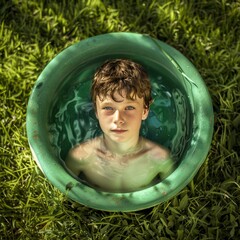 Boy relaxing in a small pool surrounded by green grass, enjoying cool water on a sunny day.