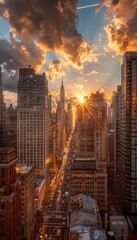 Bustling cityscape with towering skyscrapers reflecting golden hues of sunset.