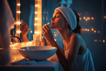 A person practicing a bedtime skincare routine before sleep, cozy bathroom with warm lighting, preparing for a restful night.