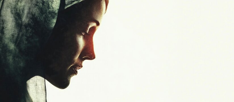 Mother Mary. Portrait of beautiful veiled woman against white background.