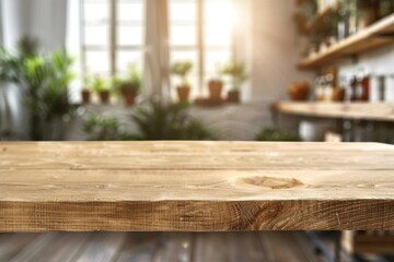 Empty wooden table with supermarket background for product placement