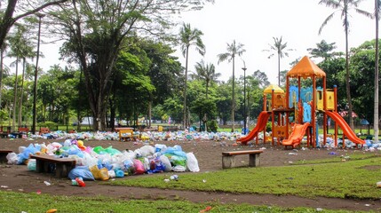 A colorful playground in a park is surrounded by litter, highlighting the issue of pollution.