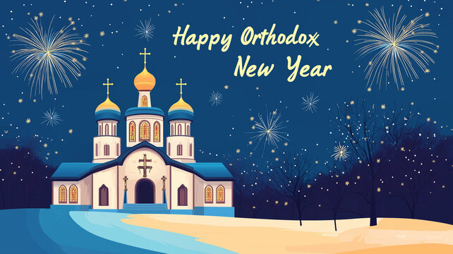 Beautiful orthodox church, fireworks in the sky, text " Happy Orthodox New Year". Beautiful New Year invitation card for Orthodox New year, mockup. Vector style illustration.
