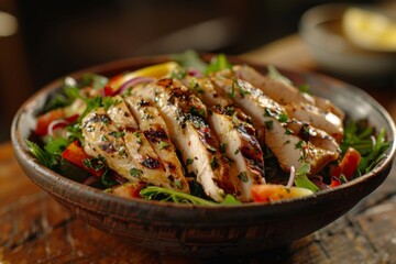 Grilled lemon herb chicken salad in a bowl on table