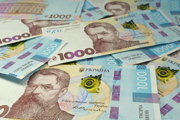 Banknotes 1000 Hryvnia. Real Ukrainian paper money of blue yellow color