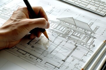 Architect is sketching a new building design on large blueprint