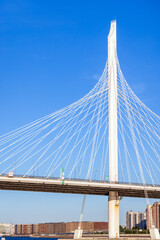 Fototapeta premium Bridge across Petrovsky fairway, white metal cable-stayed bridge