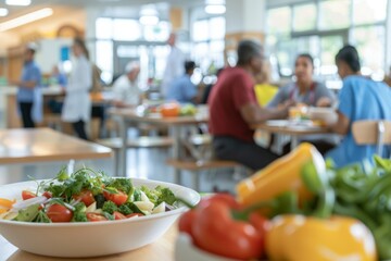 Hospital cafeteria with tables and healthy food options