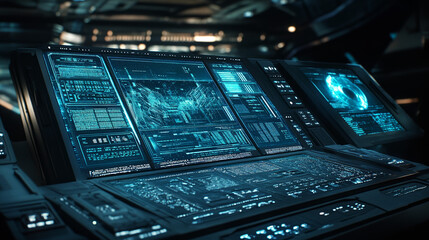 Obraz premium Futuristic Sci-Fi Interface: Glowing Blue Digital Dashboard, High-Tech Console, Cyberpunk Control Panel