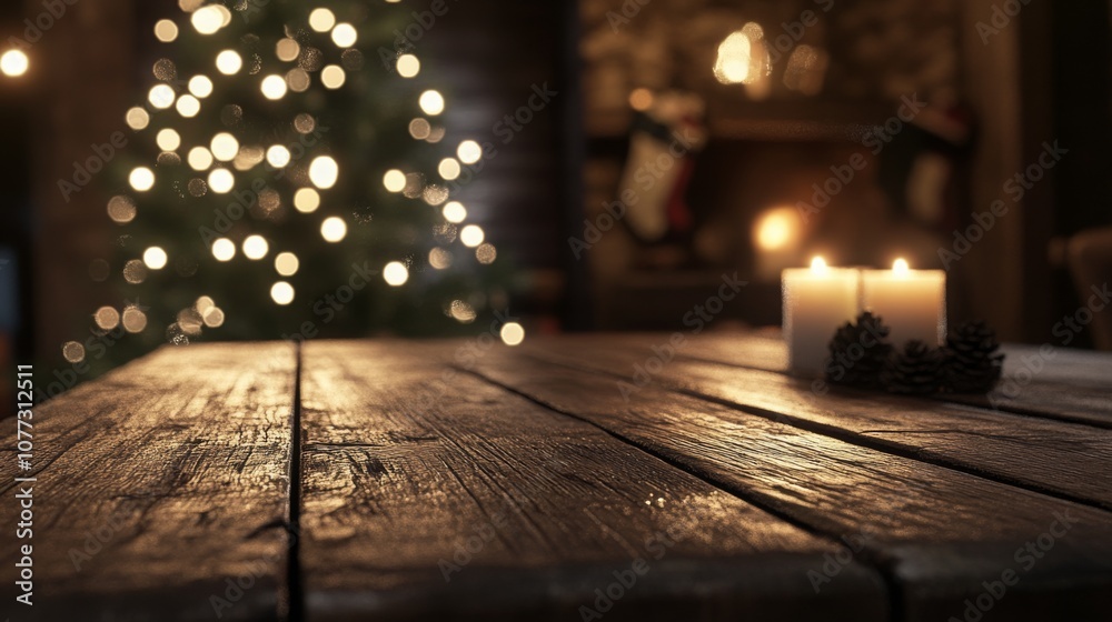 Poster a close-up shot of a dark wooden table with two candles in the background, out of focus. the table i