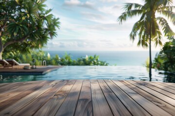 Fototapeta premium Wood table top on beach chair in outdoor swimming pool