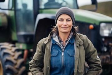 Smiling middle aged female farmer standing next to tractor on field