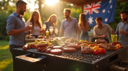 lively Australian barbecue in a backyard, featuring a grill with sizzling sausages, steaks, and vegetables. Friends and family are gathered around, enjoying food and drinks © Alex Pios