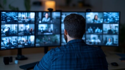 Man Monitoring Multiple Screens  