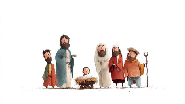 The shepherds’ visit. Digital illustration, cartoon style.