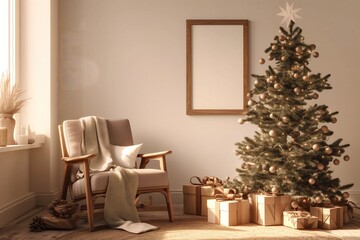 Fototapeta premium Cozy minimalist living room with a decorated Christmas tree, wrapped presents, and a comfortable armchair by the window in warm, neutral tones