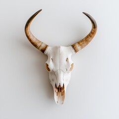 Fototapeta premium Gleaming longhorn skull with impressive horns, showcased against a clean white backdrop