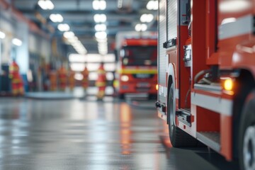 Fire station garage with fire trucks parked inside