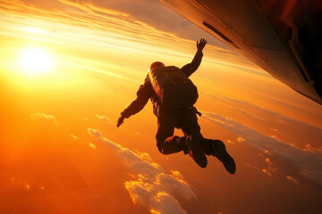 A solo skydiver jumping out of an airplane, free-falling towards the earth with the sun setting on the horizon.