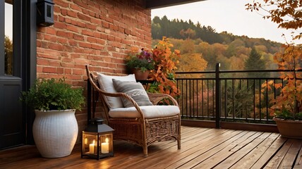 Obraz premium Cozy Autumn Balcony with Wicker Chair, Pumpkin, Chrysanthemums, ivy, golden hour, Rustic Charm V8