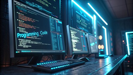 Obraz premium Cyberpunk Coding with neon lights, data visualization, and circuit patterns in a dim environment V1