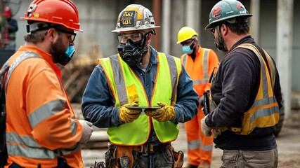 A worker demonstrating the proper use of safety equipment to coworkers, wearing full protective gear, including a safety vest and boots, in a construction site