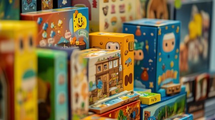 Fototapeta premium Stack of Colorful Cardboard Boxes with Cartoon Characters