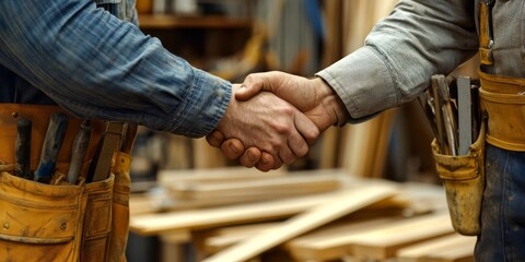 In a lively workshop, a handshake between two carpenters symbolizes the teamwork essential to their craft, highlighting their unity and commitment to achieving excellence in their work