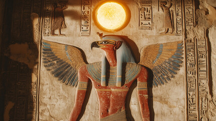 A full-length image of Ra, the sun god, with a glowing sun disk above his falcon head and intense, regal posture