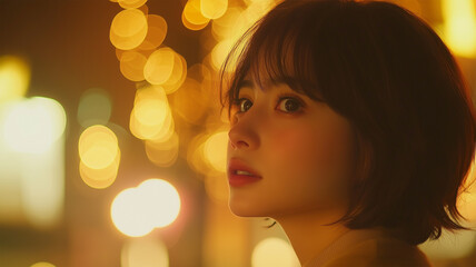 Fototapeta premium 夕焼けの中で遠くを見つめる日本人女性