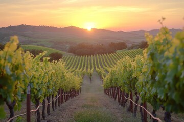 Fototapeta premium A breathtaking sunset over rolling hills with vineyards in the foreground.