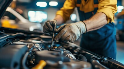 Obraz premium Mechanic Working on Car Engine with a Wrench