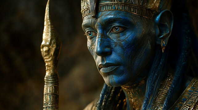 A close-up of the god Ptah, his blue skin and serene expression embodying creation, as he holds a sacred staff