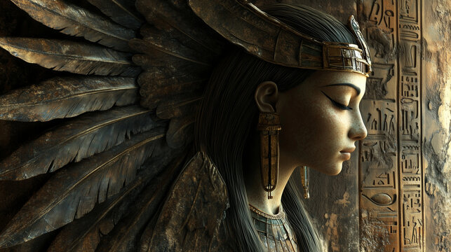 The goddess Nephthys with delicate wings folded around her, her face soft and mysterious in the dim temple light