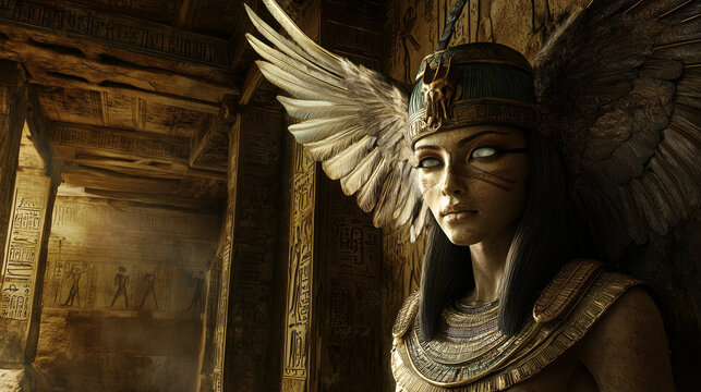 The goddess Nephthys with delicate wings folded around her, her face soft and mysterious in the dim temple light