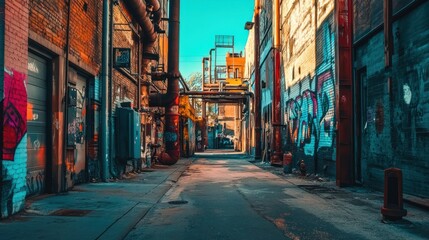 Naklejka premium A Narrow, Graffiti-Covered Alleyway with Pipes and Brick Walls