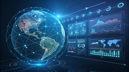 Fototapeta premium Holographic Globe with Global Network Connections, Big Data Analytics, and Financial Dashboards, Set in a Neon-Lit, High-Tech Interface Against a Reflective, Sci-Fi Display Background V2