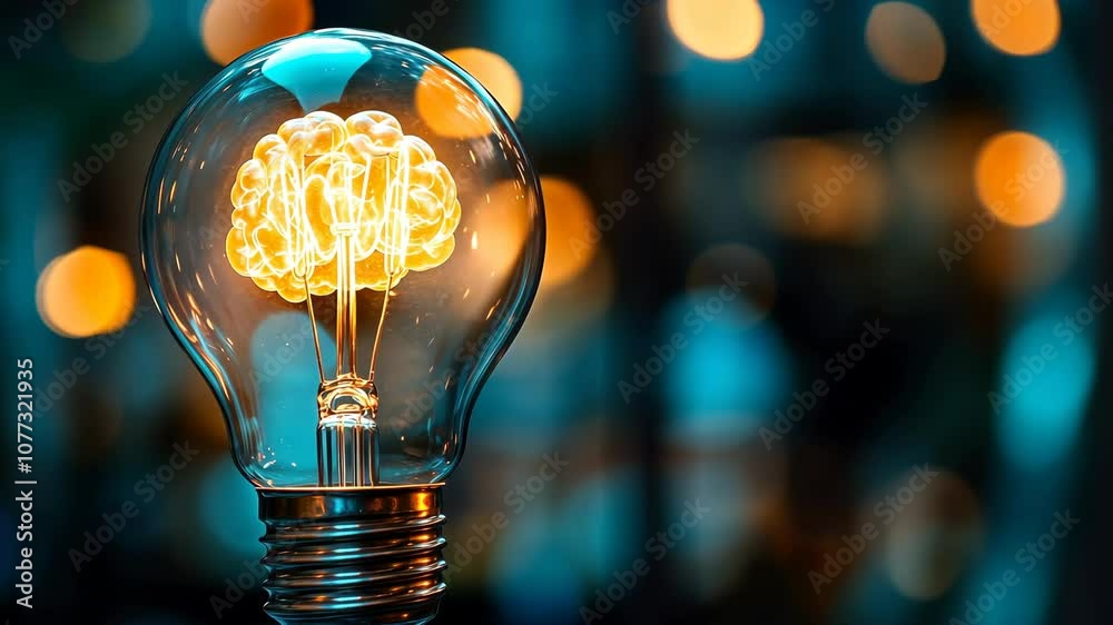 Poster light bulb with brain filament glowing in the dark, symbol of creativity and innovation