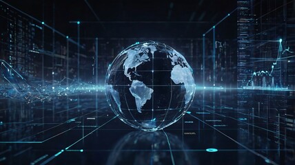 Obraz premium Holographic Globe with Global Network Connections, Big Data Analytics, and Financial Dashboards, Set in a Neon-Lit, High-Tech Interface Against a Reflective, Sci-Fi Display Background V9