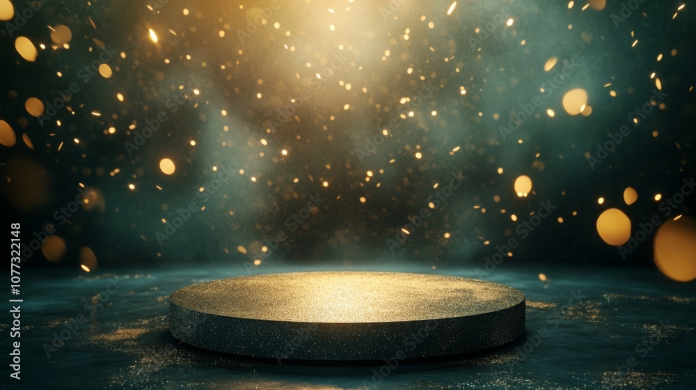 Aufkleber A circular platform glows softly as golden particles swirl around it in a dimly lit environment, creating a magical and captivating atmosphere.