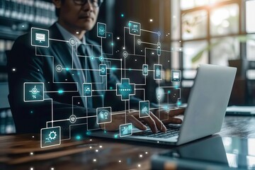 Obraz premium Entrepreneur Utilizes Laptop for Creating Organizational Hierarchy: Streamlining Company Workflow with Flowcharts, Mindmaps, and Organigrams. Defining Team Member Relationships and Subordination.