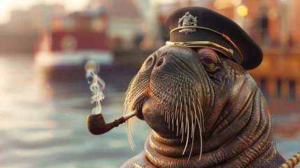 A walrus wearing a captain's hat and smoking a pipe.