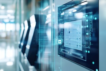 Futuristic server room with holographic interface