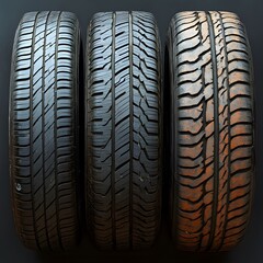Fototapeta premium Three Tire Comparison: Worn, New, and Slightly Worn