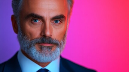 Confident Gaze: Portrait of a mature man with a distinguished gray beard, intense blue eyes, and a sophisticated suit against a vibrant pink and purple backdrop.