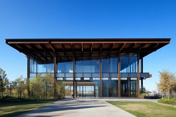 Fototapeta premium Modern glass and steel building reflecting blue sky on sunny day