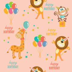 Fototapeta premium Seamless happy birthday pattern with balloons, lion, monkey, giraffe. 