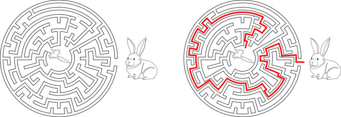 Obraz premium Help bunny pass through maze to find carrot. Feed the hungry pet labyrinth. Not hard riddle for kids and parents with solution