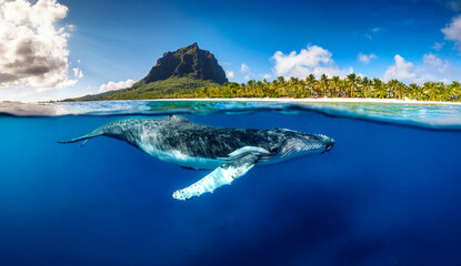 Indian Ocean, Mauritius Whale and humpback whale and vibrant coral reefs and sea Turtles. Mauritius island under waterfall, Mauritius undersea, Mauritius sea, humpback whale © karacacennet