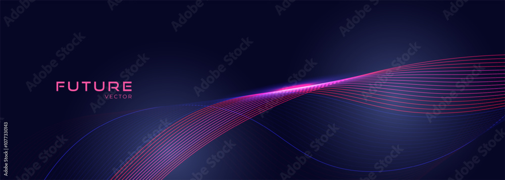 Poster glowing blue and pink wavy lines on abstract technology dark blue background. digital hi-tech vector